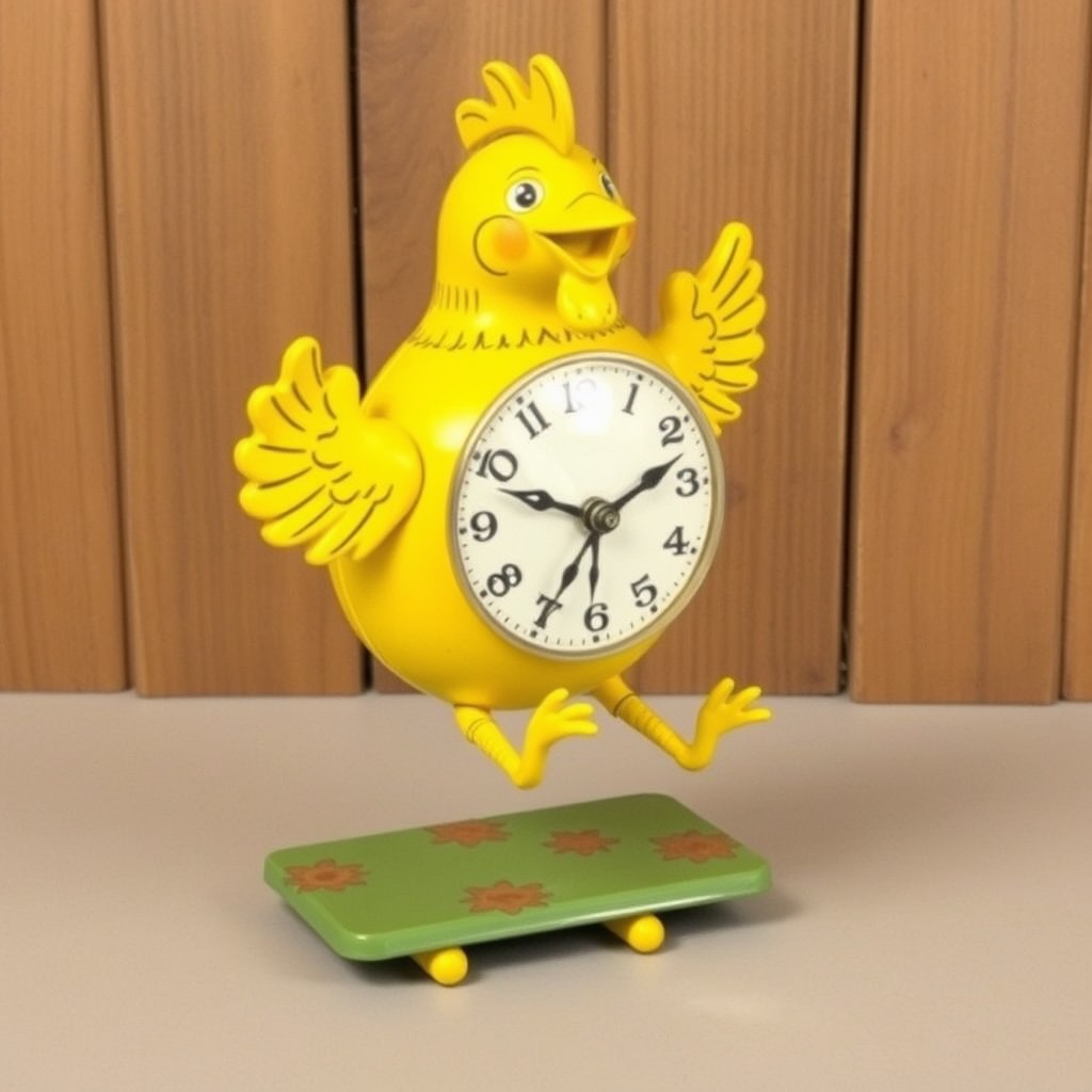 Detailed view of a vintage yellow jumping chicken clockwork toy